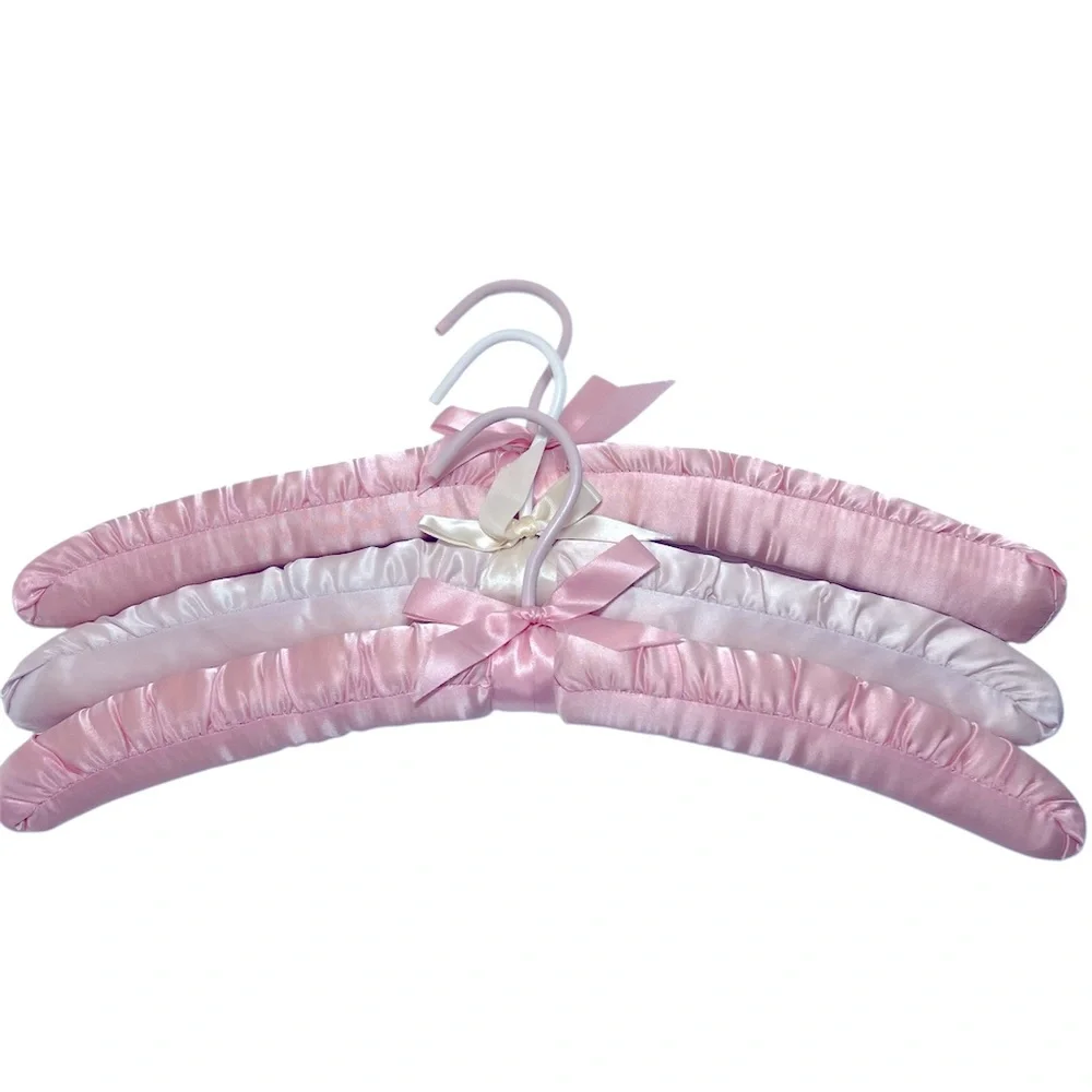 Three Luxurious Padded Satin Hangers-2 Pink and 1 White Hanger.